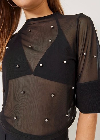 Parlak Siyah Transparan Mini Bluz - Görsel 2