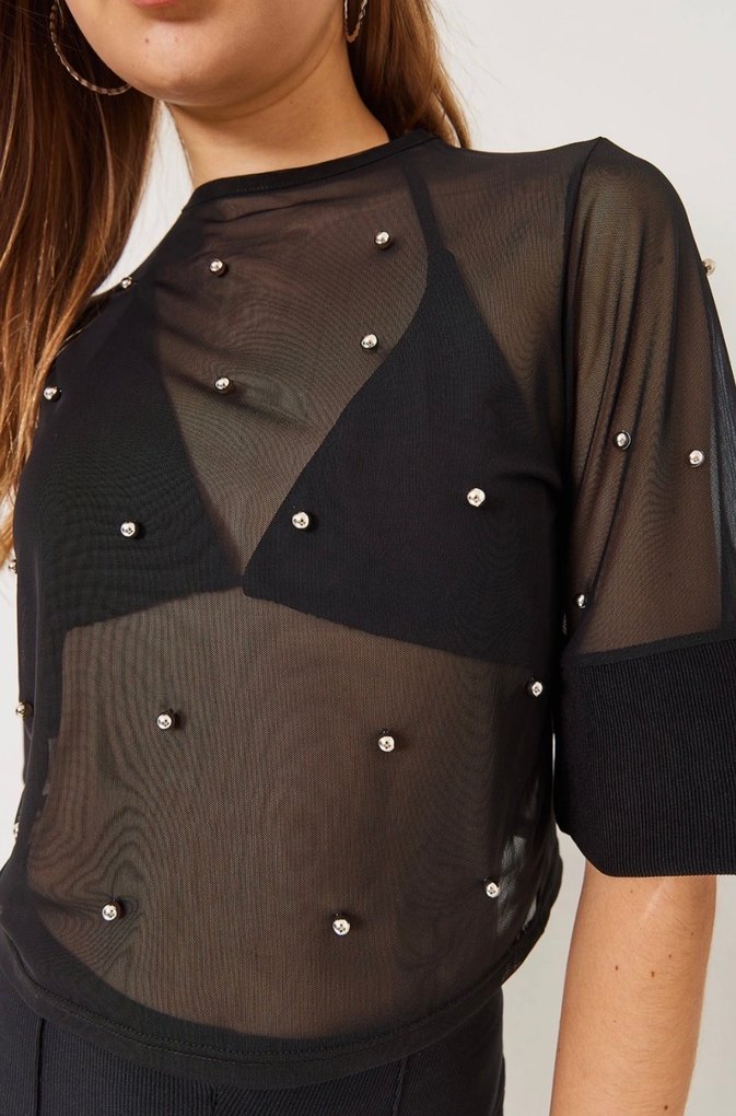 Parlak Siyah Transparan Mini Bluz - Görsel 2