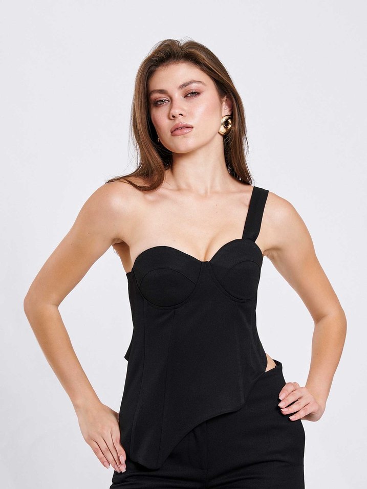 Kadın Siyah Uzun Tek Omuz Bluz (Ön sipariş) - Görsel 2