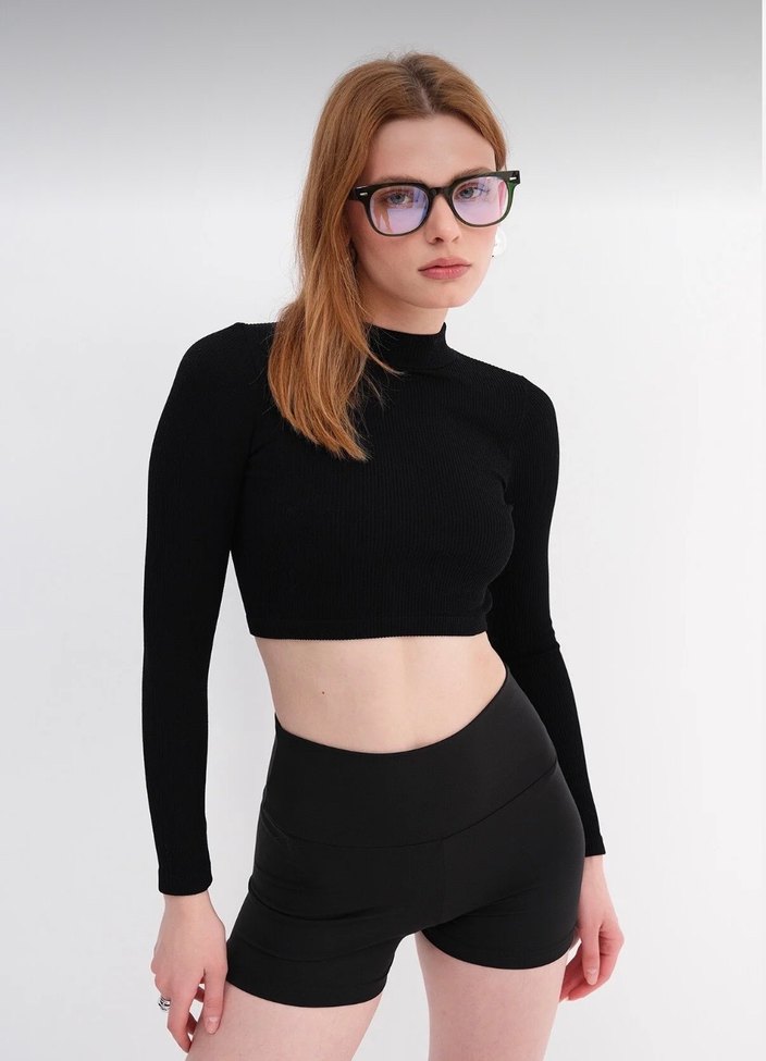 Siyah Uzun kollu Crop Bluz - Görsel 2