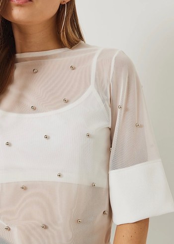 Boncuk İşlemeli Beyaz Kadın Bluz (Ön sipariş) - Görsel 2