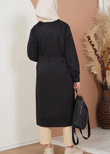 Düğmeli Siyah Uzun Kadın Trençkot - Görsel 2