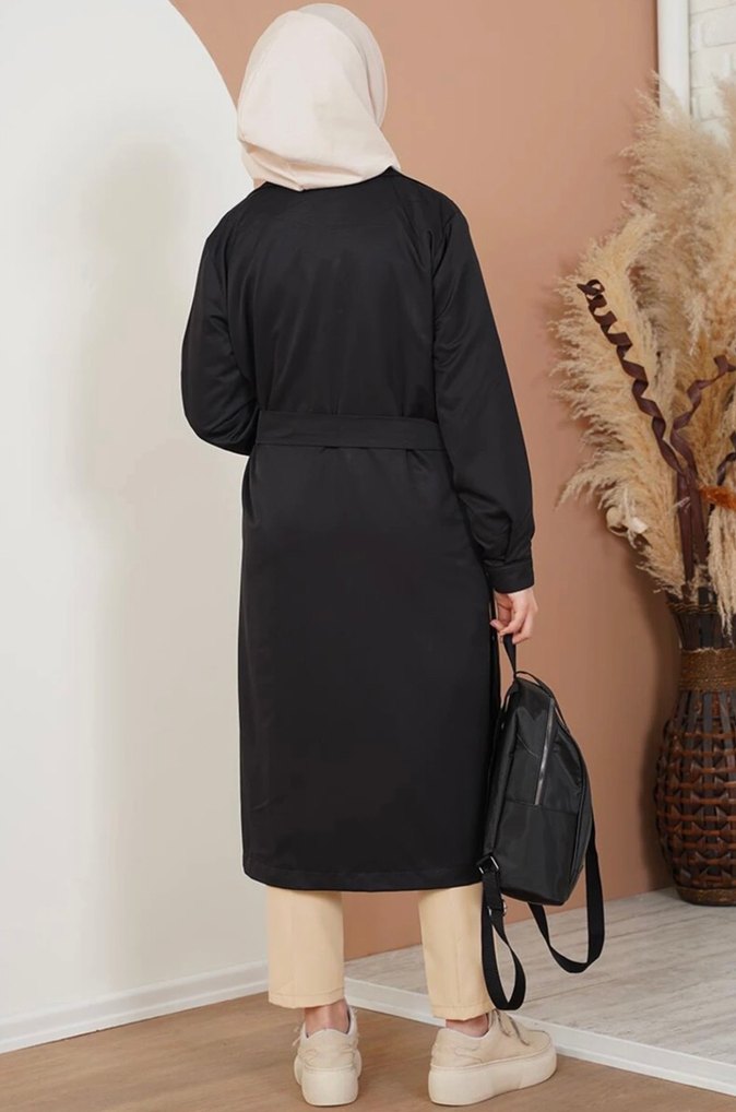 Düğmeli Siyah Uzun Kadın Trençkot - Görsel 2