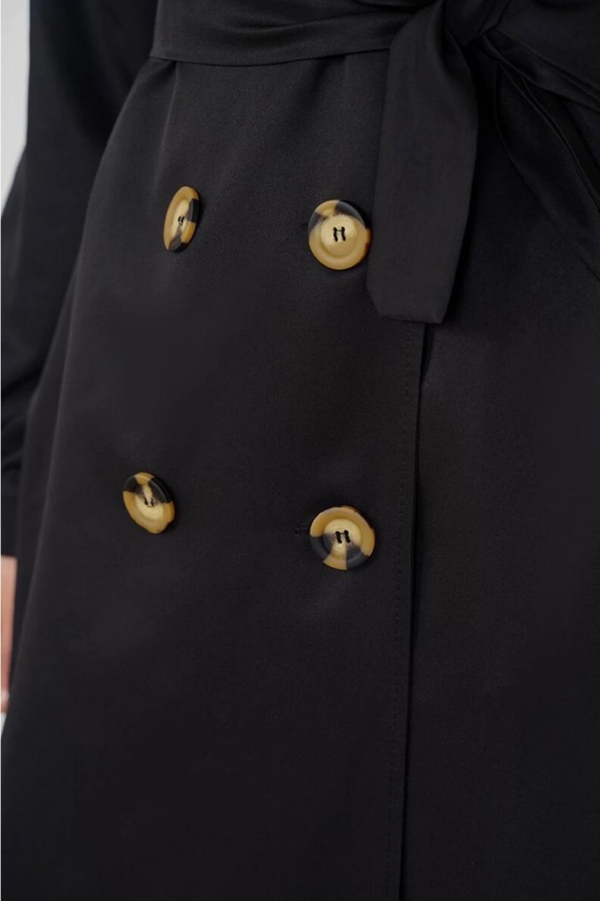 Düğmeli Siyah Uzun Kadın Trençkot - Görsel 3