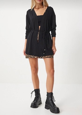 Siyah Bağcıklı Mini Salaş Kadın Hırka - Görsel 2