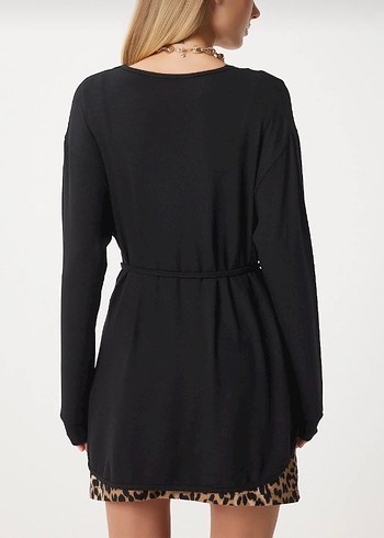 Siyah Bağcıklı Mini Salaş Kadın Hırka - Görsel 4