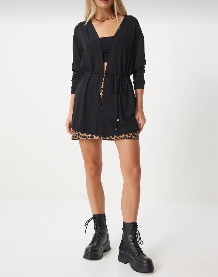 Siyah Bağcıklı Mini Salaş Kadın Hırka - Görsel 2