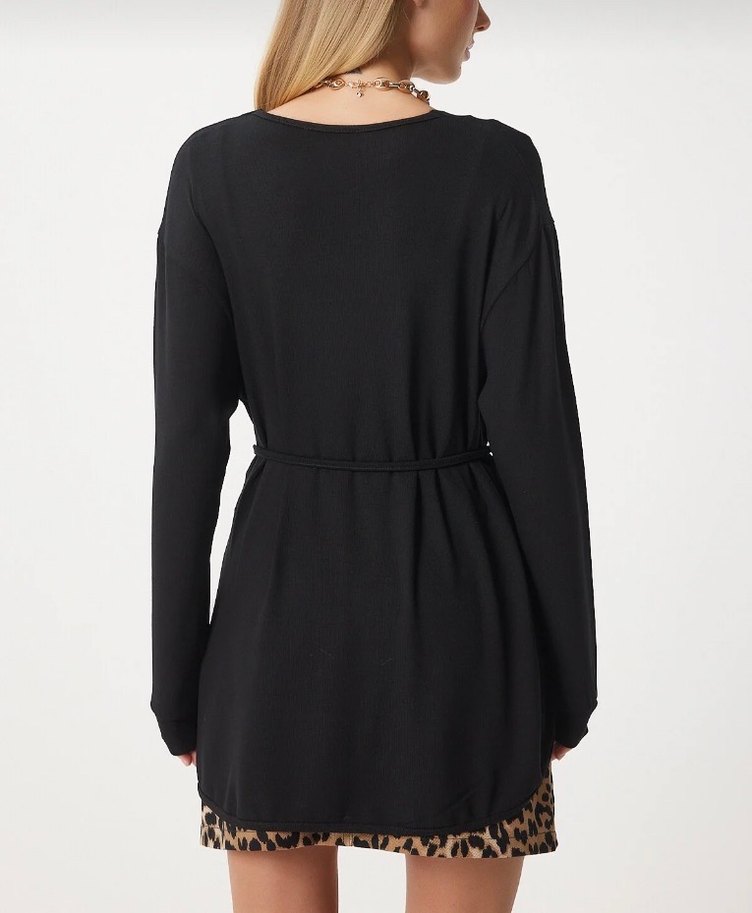 Siyah Bağcıklı Mini Salaş Kadın Hırka - Görsel 4