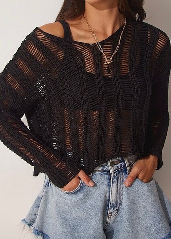 Siyah V Yaka Örgü Mini Kazak - Görsel 2