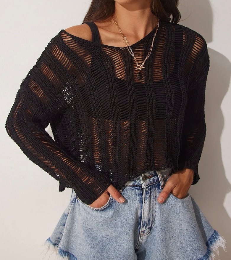 Siyah V Yaka Örgü Mini Kazak - Görsel 2