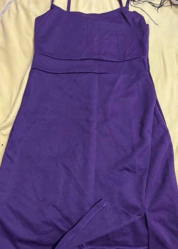 Mor İnce Askılı Drapeli Mini Elbise - Görsel 2