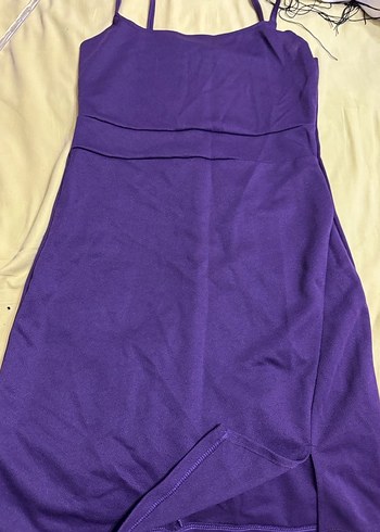 Mor İnce Askılı Drapeli Mini Elbise - Görsel 3