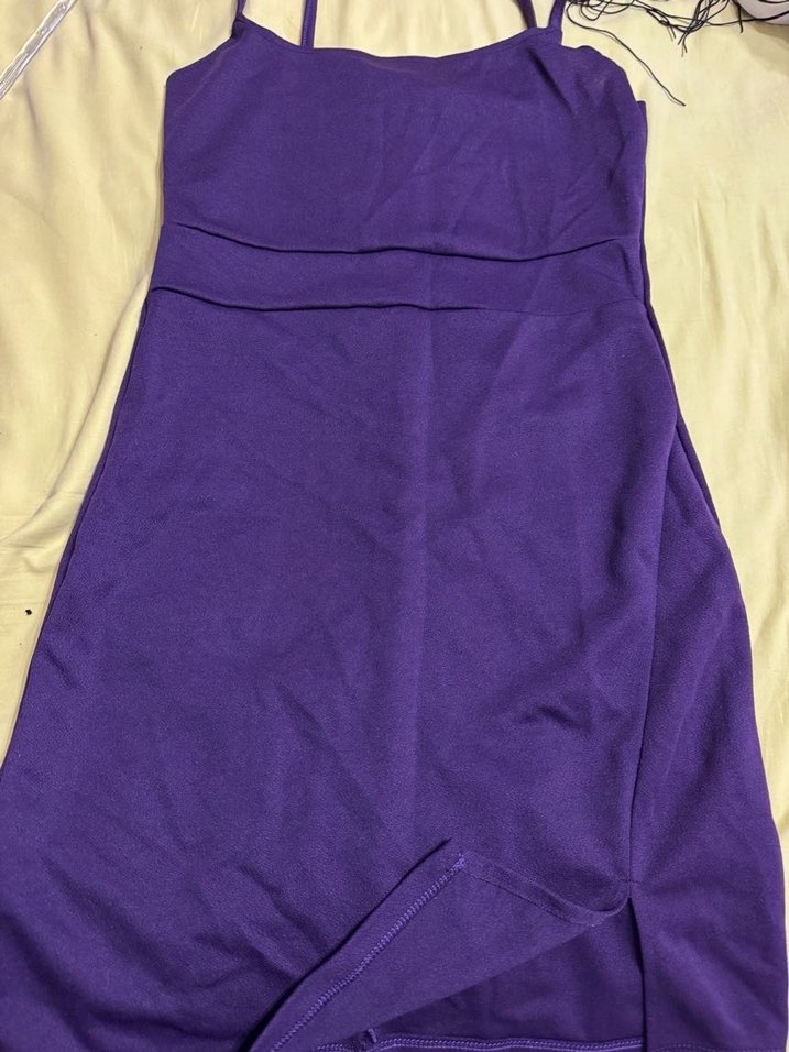 Mor İnce Askılı Drapeli Mini Elbise - Görsel 2