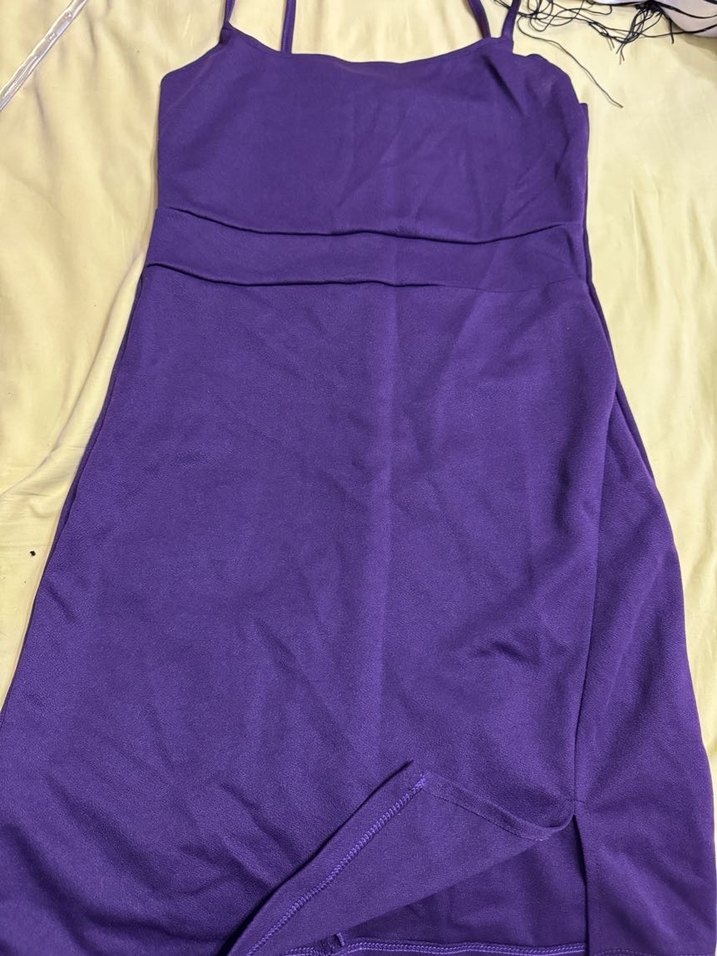 Mor İnce Askılı Drapeli Mini Elbise - Görsel 3