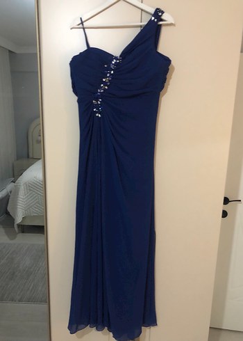 Lacivert Drapeli uzun Abiye Elbise - Görsel 5