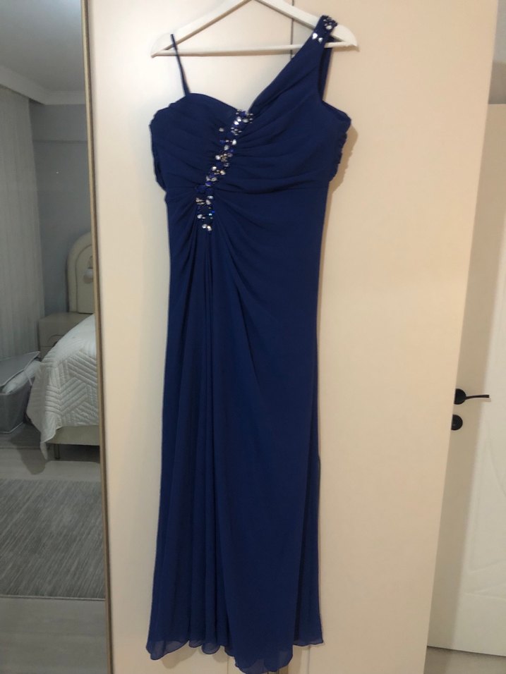 Lacivert Drapeli uzun Abiye Elbise - Görsel 5