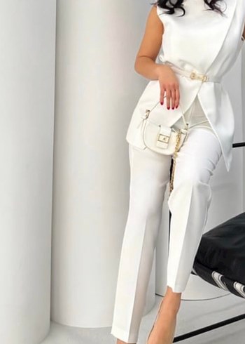 Beyaz Kemerli Kadın Midi Takım Elbise - Görsel 5