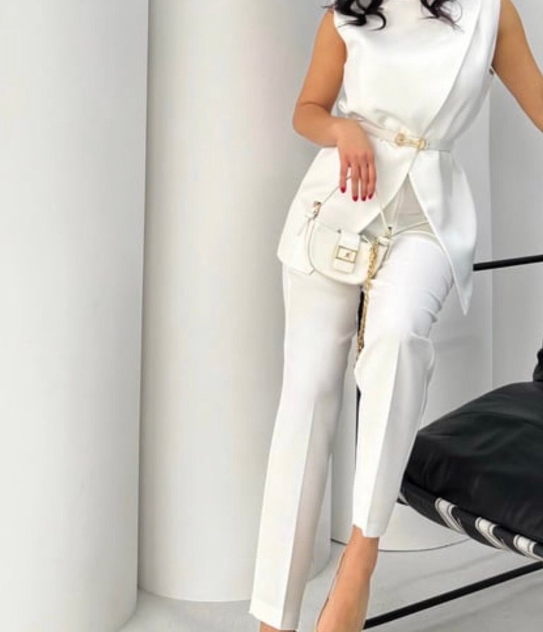 Beyaz Kemerli Kadın Midi Takım Elbise - Görsel 5