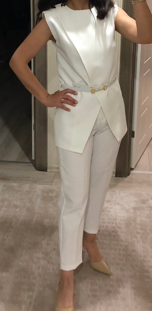 Beyaz Kemerli Kadın Midi Takım Elbise - Görsel 4