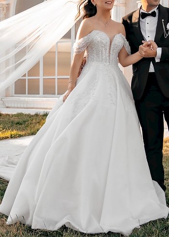 Beyaz A Kesim Modern Klasik Gelinlik - Görsel 5