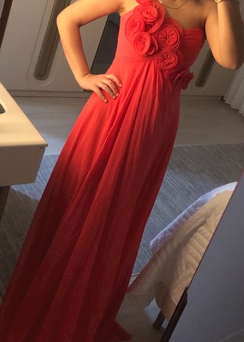 Nar çiçeği Drapeli Straplez Uzun Abiye - Görsel 7