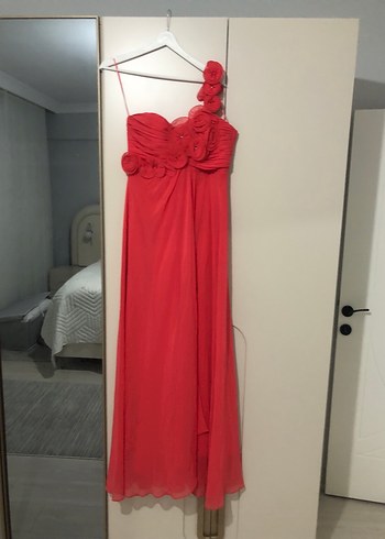 Nar çiçeği Drapeli Straplez Uzun Abiye - Görsel 9