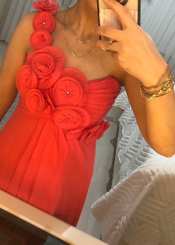 Nar çiçeği Drapeli Straplez Uzun Abiye - Görsel 5