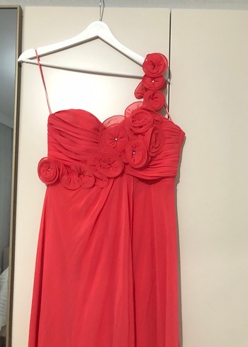 Nar çiçeği Drapeli Straplez Uzun Abiye - Görsel 8