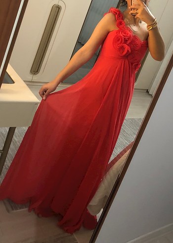 Nar çiçeği Drapeli Straplez Uzun Abiye - Görsel 3