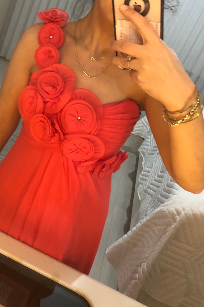 Nar çiçeği Drapeli Straplez Uzun Abiye - Görsel 5