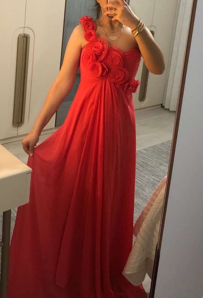 Nar çiçeği Drapeli Straplez Uzun Abiye - Görsel 4