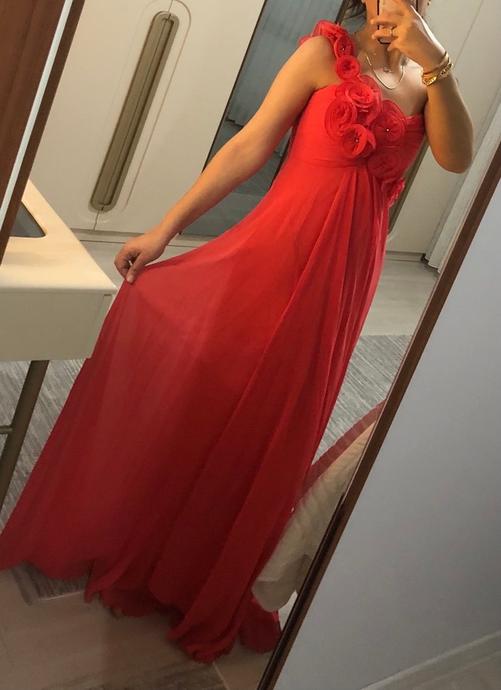 Nar çiçeği Drapeli Straplez Uzun Abiye - Görsel 3