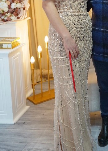 İnci İşlemeli Straplez Uzun Abiye - Görsel 4