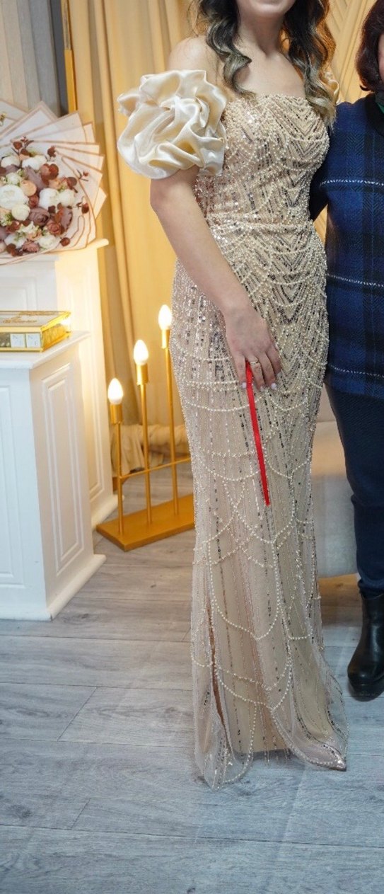 İnci İşlemeli Straplez Uzun Abiye - Görsel 4