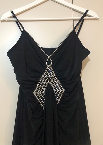 Siyah Uzun V Yaka Drapeli Kadın Abiye Elbise - Görsel 6