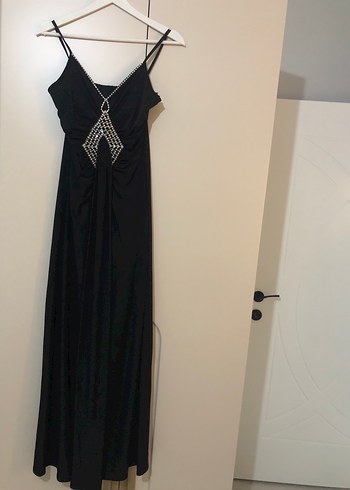 Siyah Uzun V Yaka Drapeli Kadın Abiye Elbise - Görsel 5