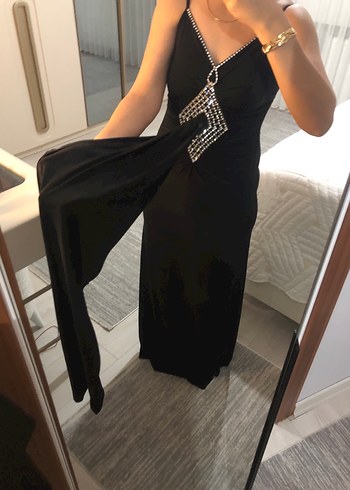 Siyah Uzun V Yaka Drapeli Kadın Abiye Elbise - Görsel 4