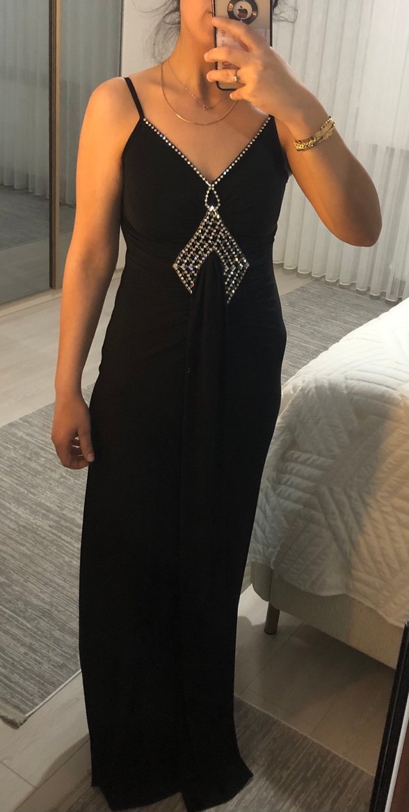 Siyah Uzun V Yaka Drapeli Kadın Abiye Elbise - Görsel 3