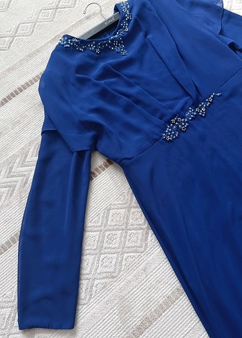 Mavi Uzun Kollu İşlemeli şifon Abiye Elbise - Görsel 3