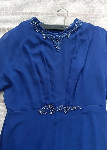 Mavi Uzun Kollu İşlemeli şifon Abiye Elbise - Görsel 2