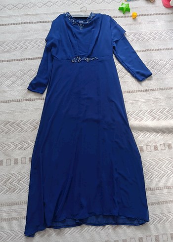 Mavi Uzun Kollu İşlemeli şifon Abiye Elbise - Görsel 4