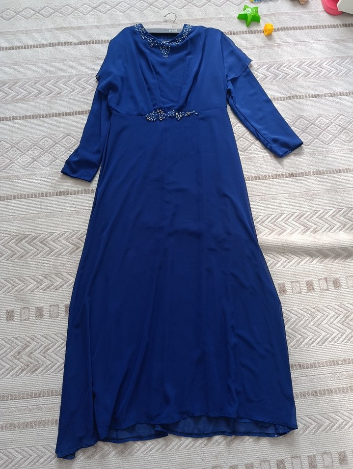 Mavi Uzun Kollu İşlemeli şifon Abiye Elbise - Görsel 4