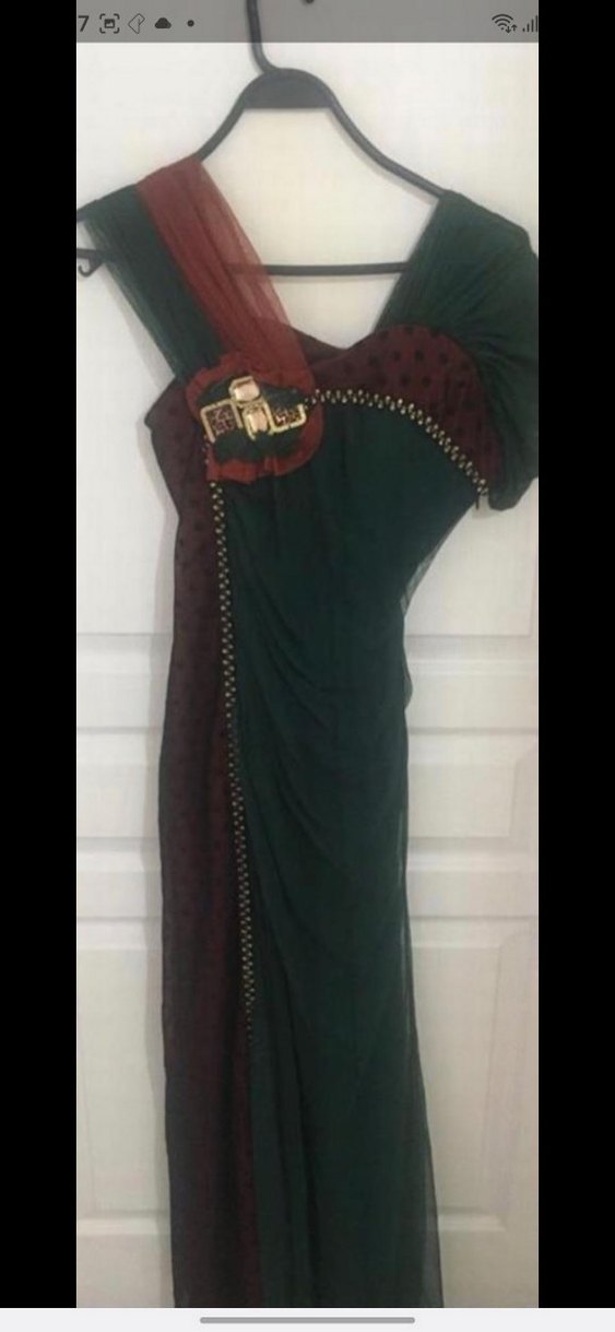 Bordo Drapeli Uzun Vintage Kadın Elbisesi - Görsel 2