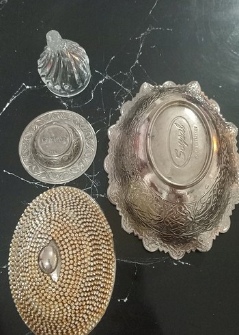 Gümüş kaplama İkramlik Taşli kapakli 4 Parça Vintage Ikramlik - Görsel 4