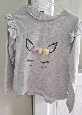 Kız Çocuk Gri Uzun Kollu Fırfırlı Tişört - Görsel 2