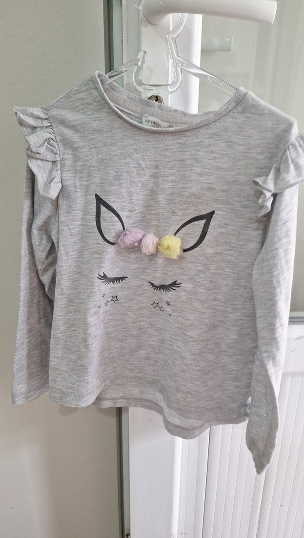 Kız Çocuk Gri Uzun Kollu Fırfırlı Tişört - Görsel 2