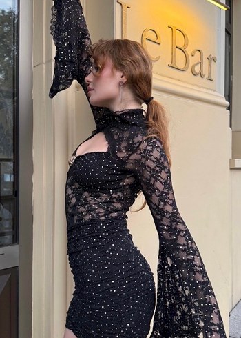 Dantel Detaylı Siyah Mini Elbise - Görsel 2