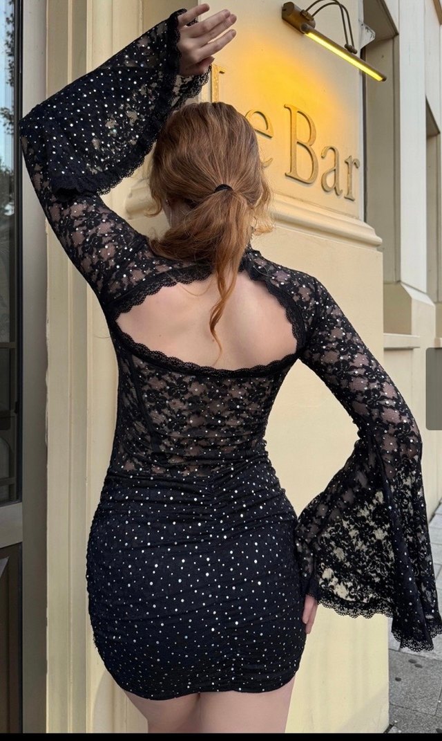 Dantel Detaylı Siyah Mini Elbise - Görsel 3