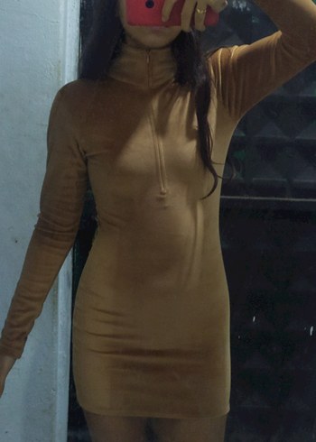 Bej Kadın Midi Elbise kadife kumaş Yüksek Yaka - Görsel 3