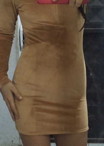 Bej Kadın Midi Elbise kadife kumaş Yüksek Yaka - Görsel 2